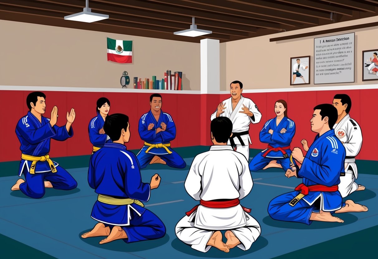 Un grupo de personas practicando jiu jitsu en un dojo mexicano, con un instructor respondiendo preguntas.