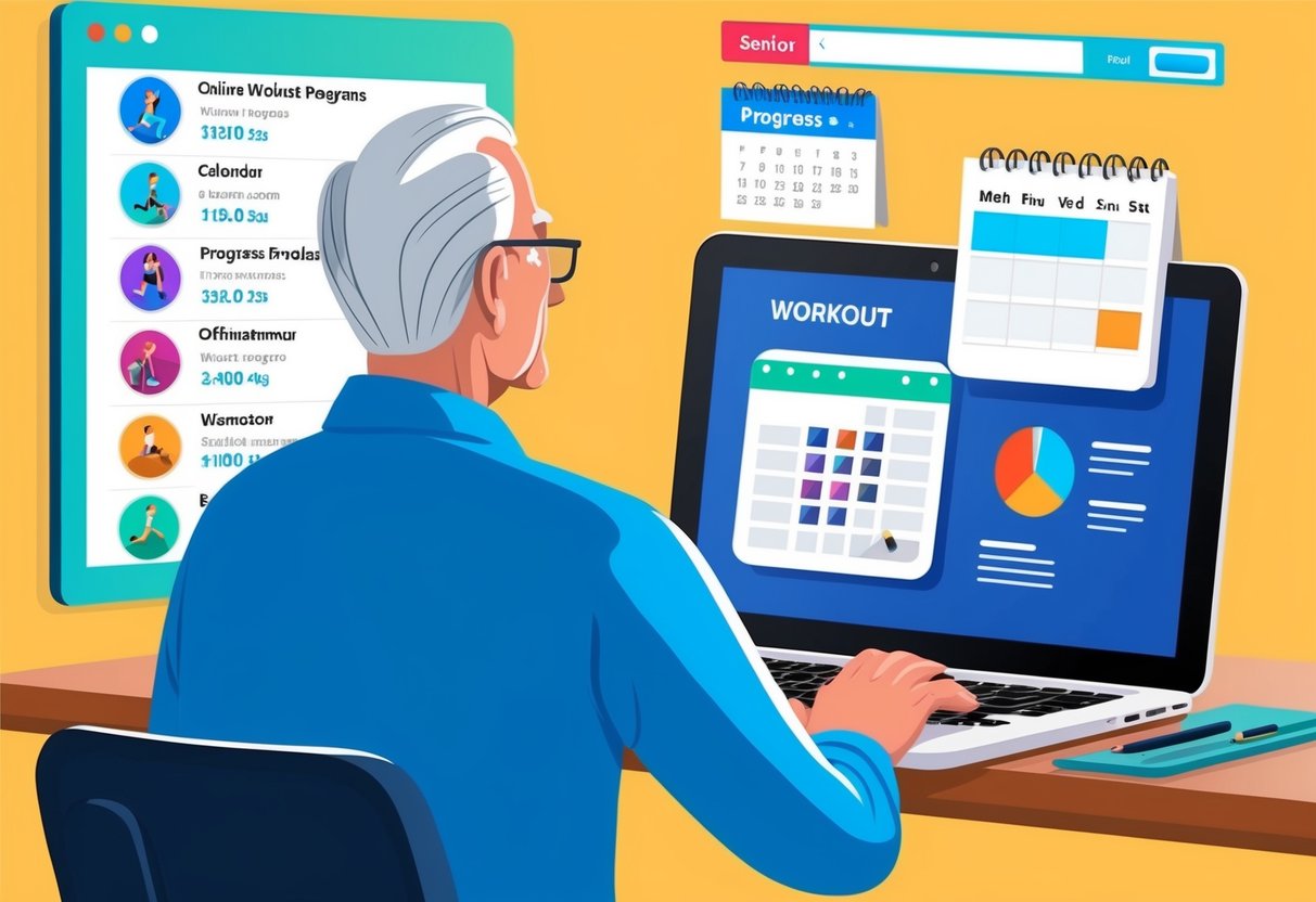 A senior using a laptop to browse different online workout programs, with a calendar and progress tracker visible on the screen
