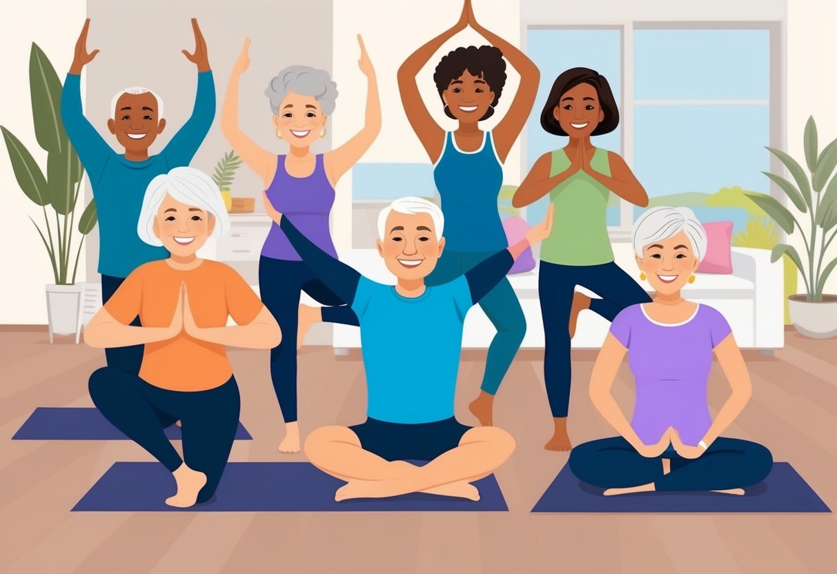 A group of senior individuals engaging in various online workout activities, such as yoga, stretching, and light weightlifting, in the comfort of their own homes