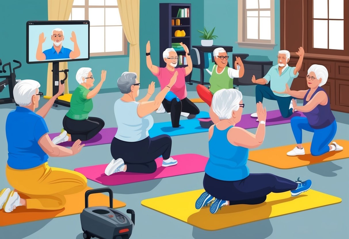 A group of seniors participate in an online workout, following along with a virtual instructor. The room is filled with exercise equipment and brightly colored yoga mats