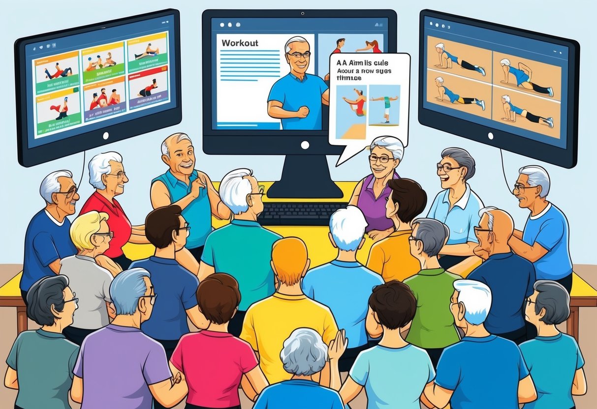 A group of older adults gather around a computer screen, participating in an online workout session. A variety of workout options are displayed on the screen, with a helpful guide offering advice on how to choose the right one
