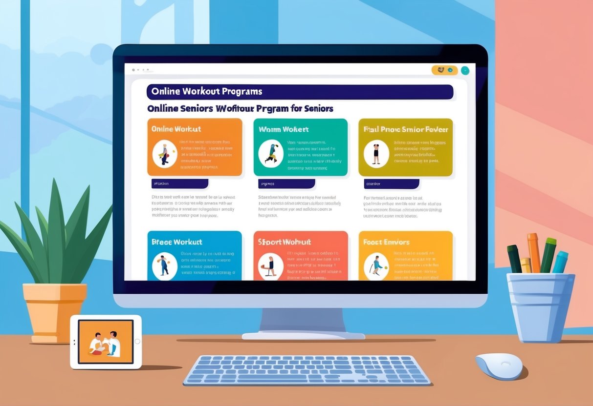 A computer screen displaying various online workout programs for seniors, with icons and descriptions for each option