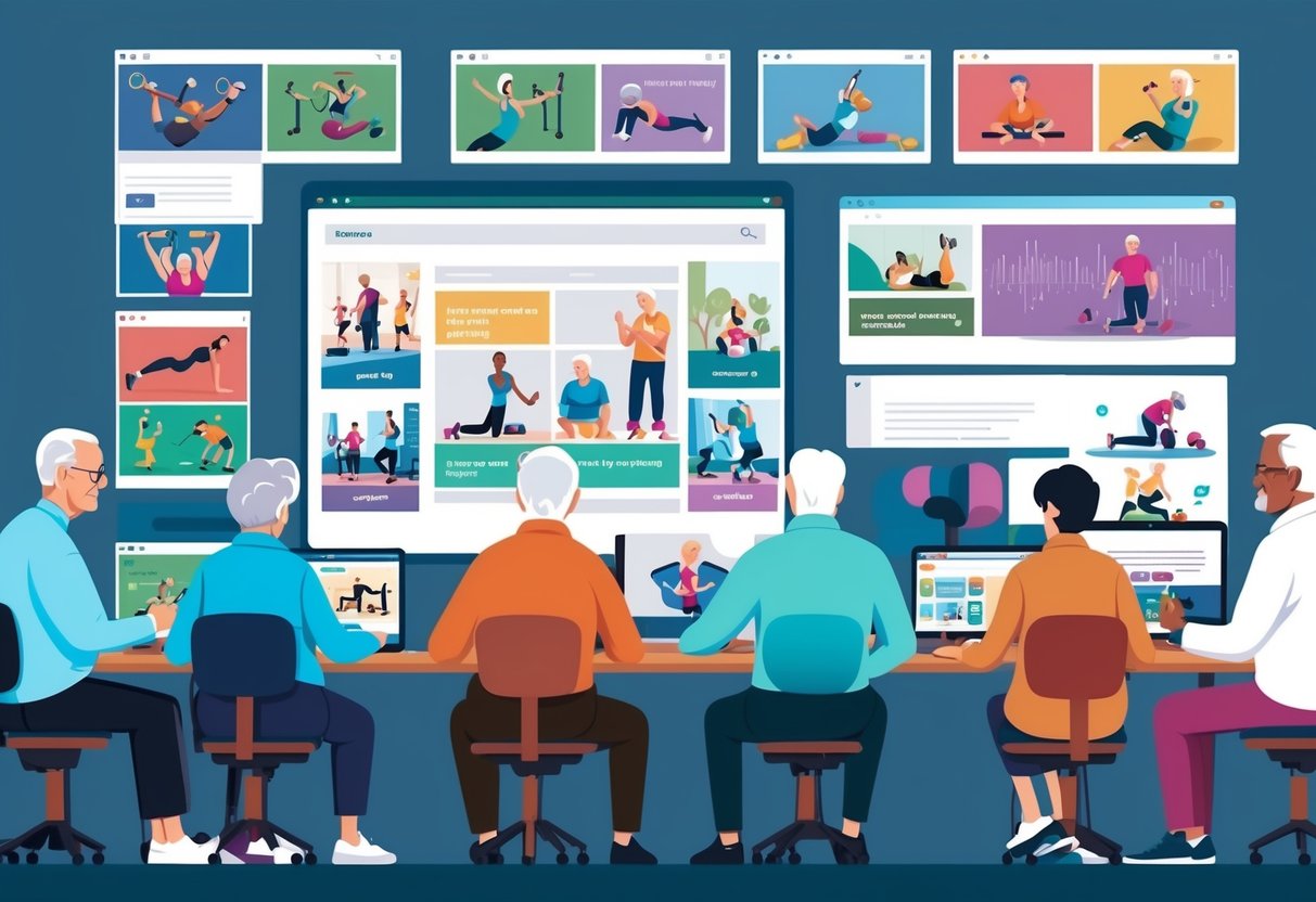 A group of seniors browsing a variety of workout options online, with a diverse range of exercises and activities displayed on their screens