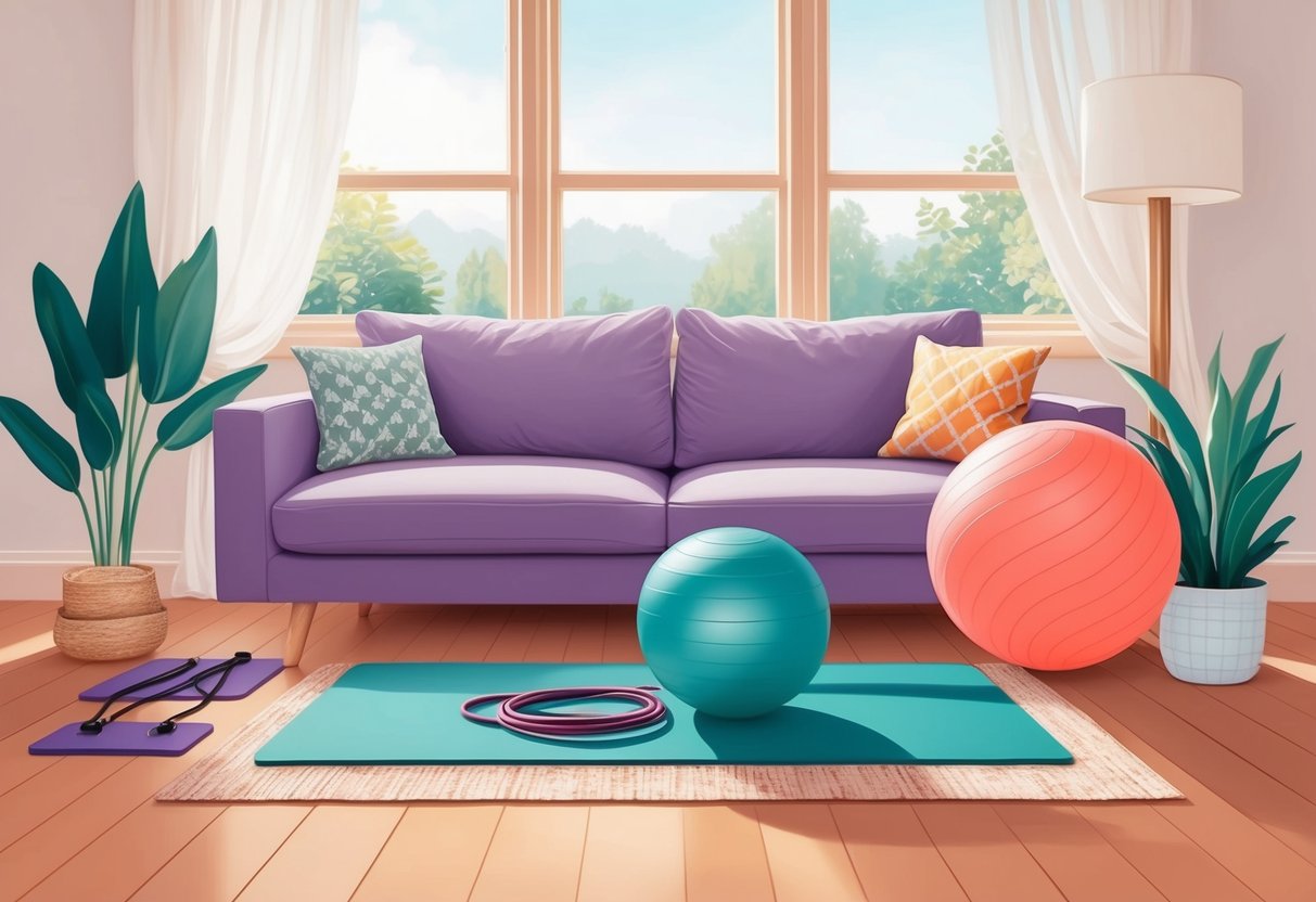 A cozy living room with a yoga mat, resistance bands, and a stability ball. Soft natural light filters in through the window, creating a peaceful atmosphere for prenatal workouts