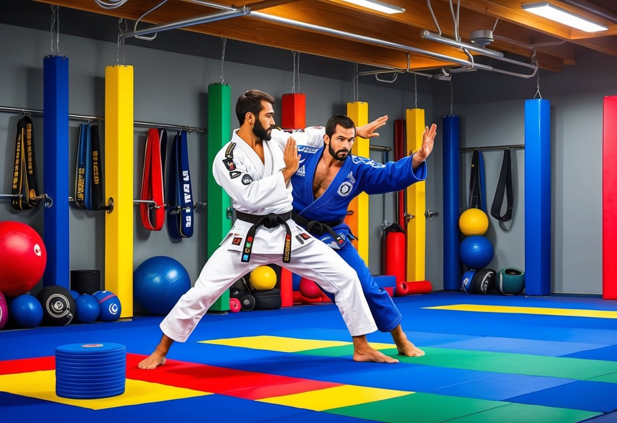 Un maestro de jiu-jitsu demuestra técnicas en un espacio de entrenamiento vibrante y enérgico lleno de cinturones coloridos y equipo de artes marciales.