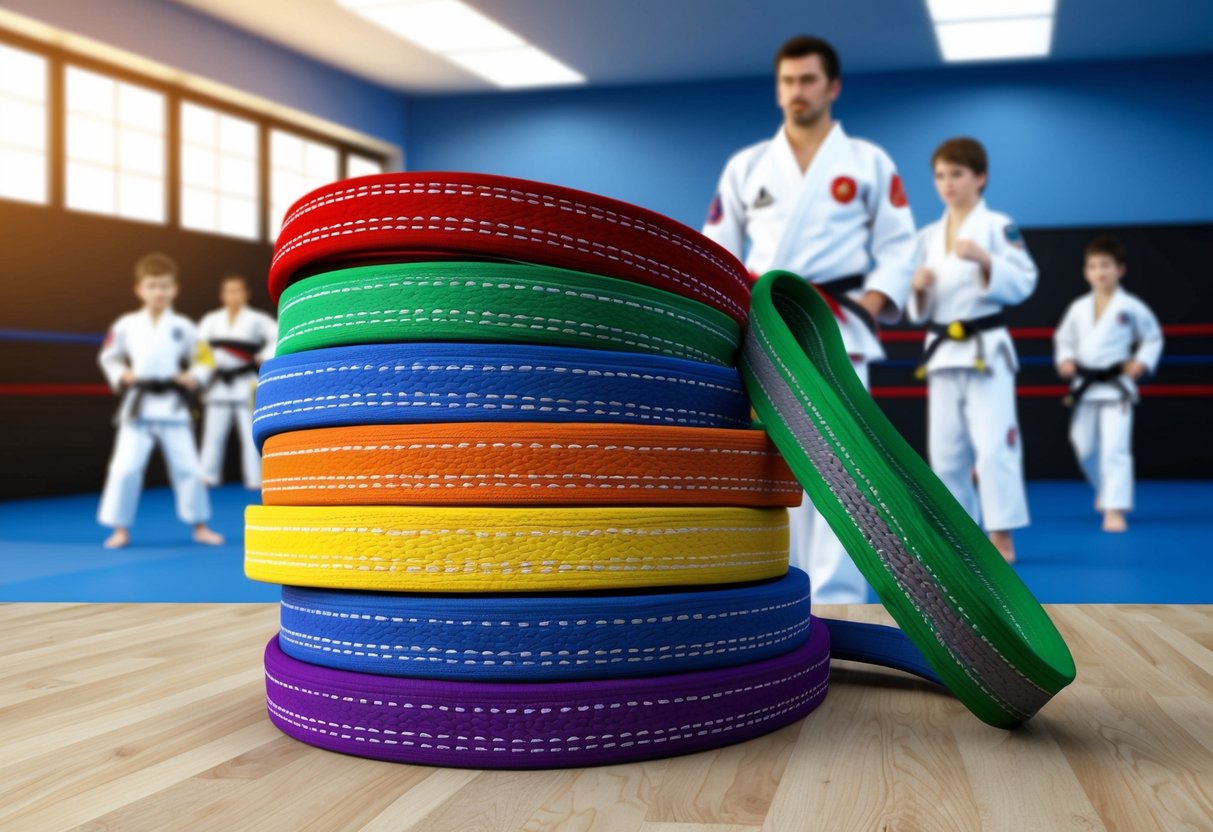 Una pila de cintas de jiu-jitsu coloridas con un fondo de un dojo y estudiantes entrenando en el fondo