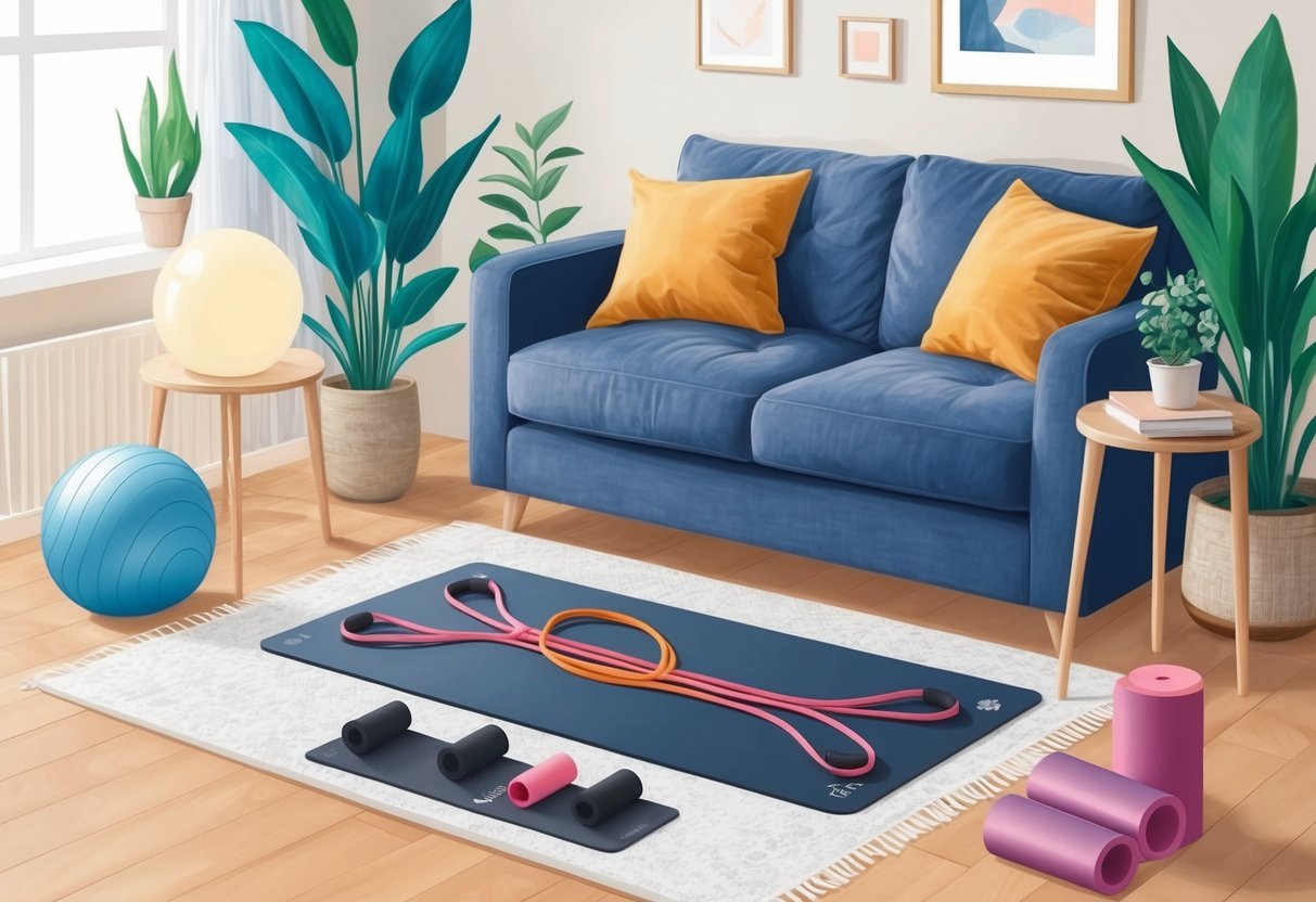 A cozy living room with a yoga mat, resistance bands, and a stability ball. Soft lighting and plants create a calming atmosphere for prenatal workouts
