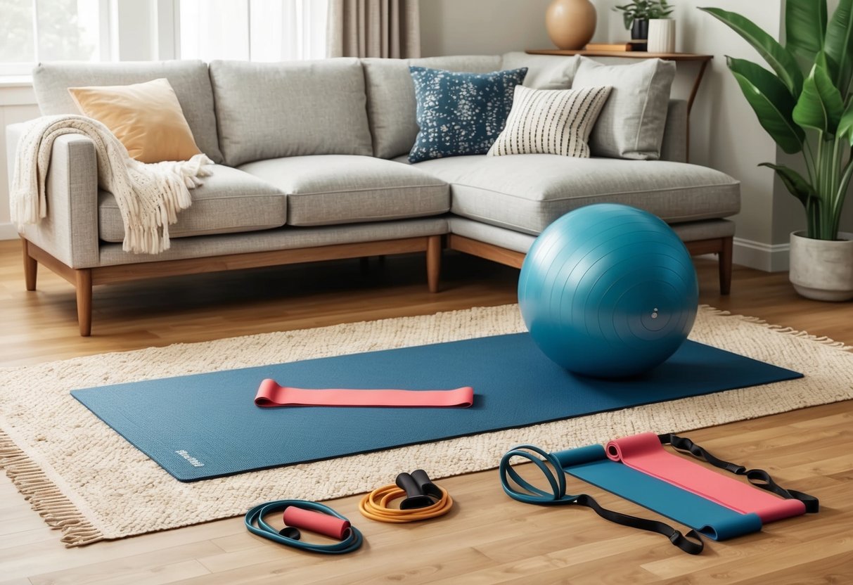 A cozy living room with a yoga mat, resistance bands, and a stability ball set up for prenatal workouts