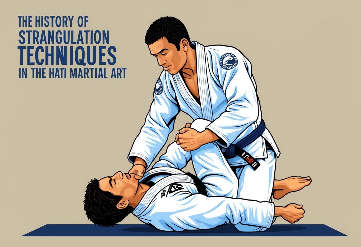 Un practicante de Jiu Jitsu ejecutando una técnica de estrangulamiento en un compañero de entrenamiento, demostrando la historia de las técnicas de estrangulación en el arte marcial.