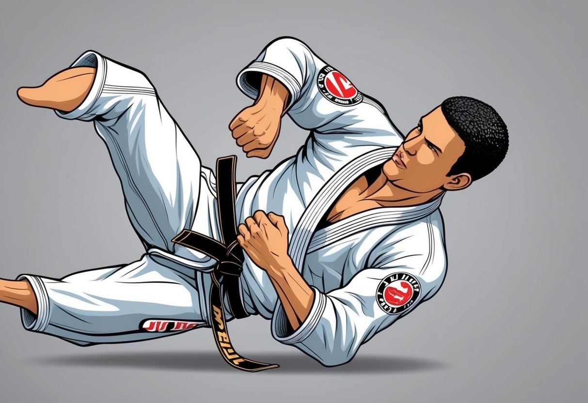 Una figura ejecutando una llave de estrangulación de jiu jitsu, utilizando movimientos precisos de manos y brazos para demostrar las técnicas y mecánicas de estrangulación.