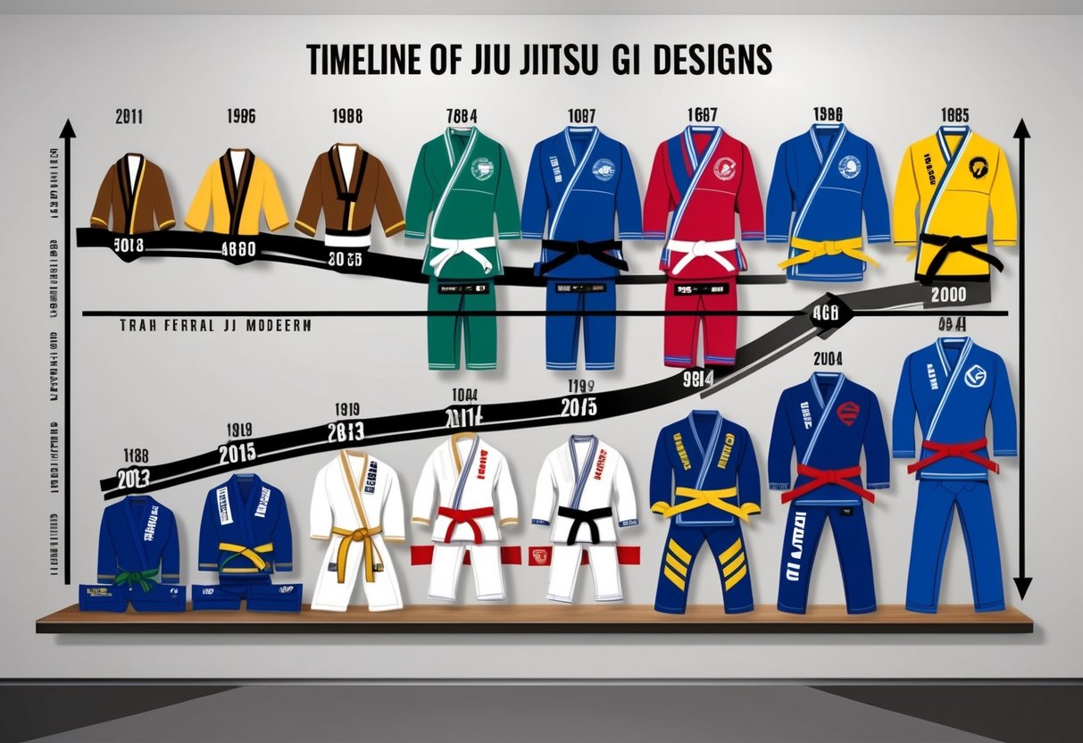 Una línea de tiempo de los diseños de gi de jiu jitsu, desde lo tradicional hasta lo moderno, exhibida en una pared