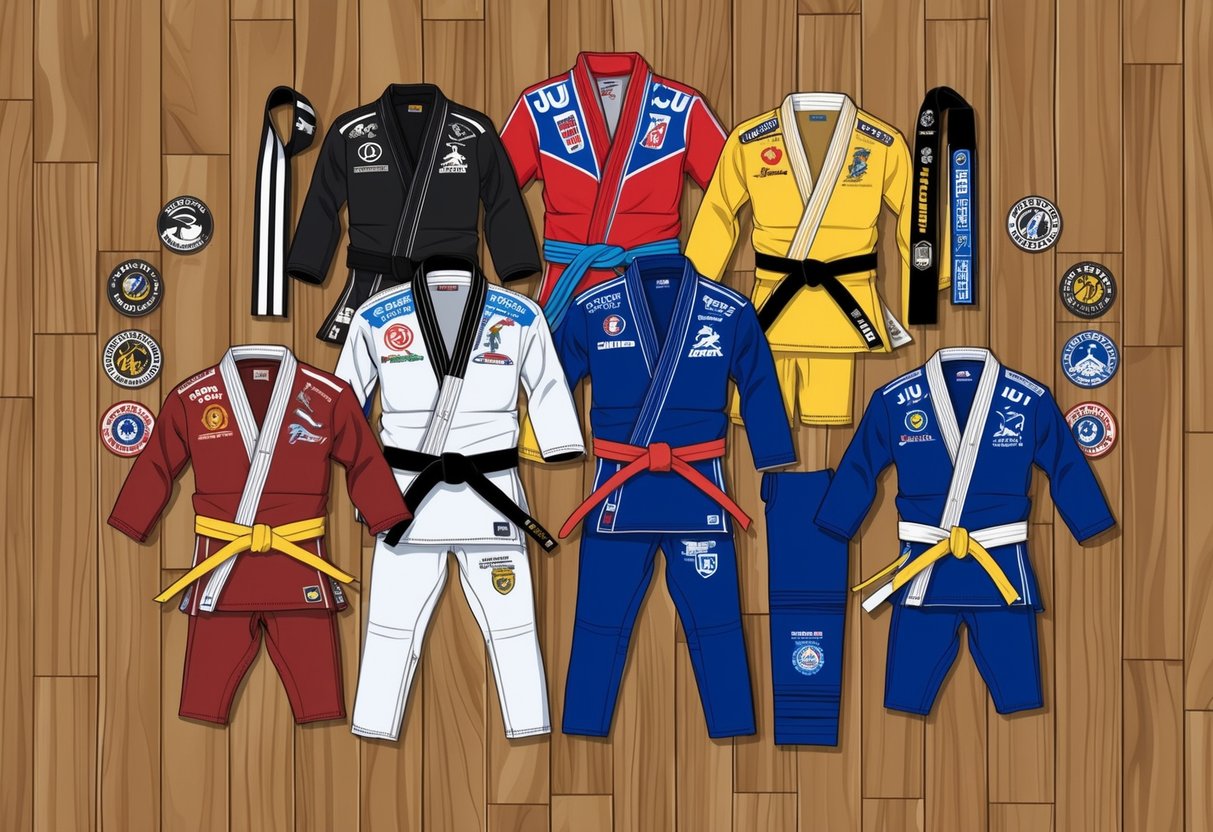 Un grupo de uniformes de Jiu Jitsu en varios colores y estilos dispuestos ordenadamente sobre un suelo de madera, con cinturones y parches exhibidos al lado.