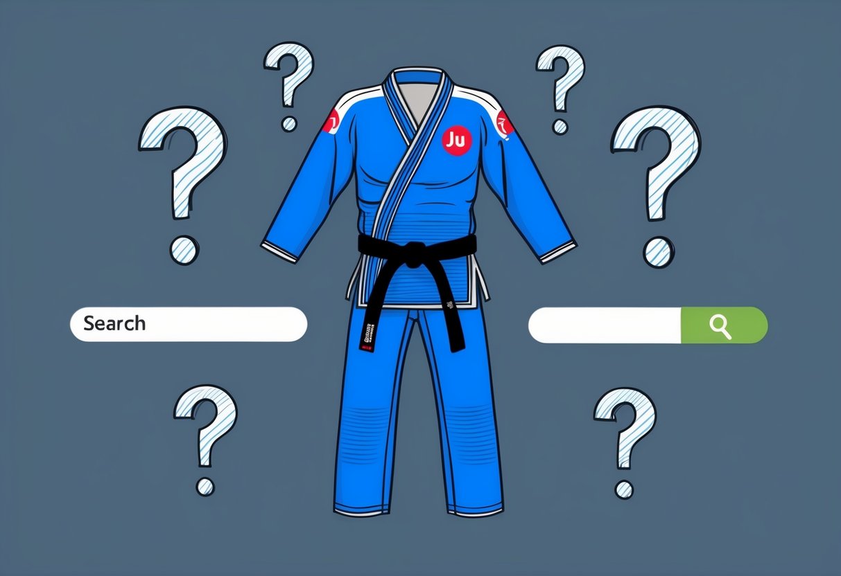 Un gi de jiu jitsu rodeado de signos de interrogación y una barra de búsqueda