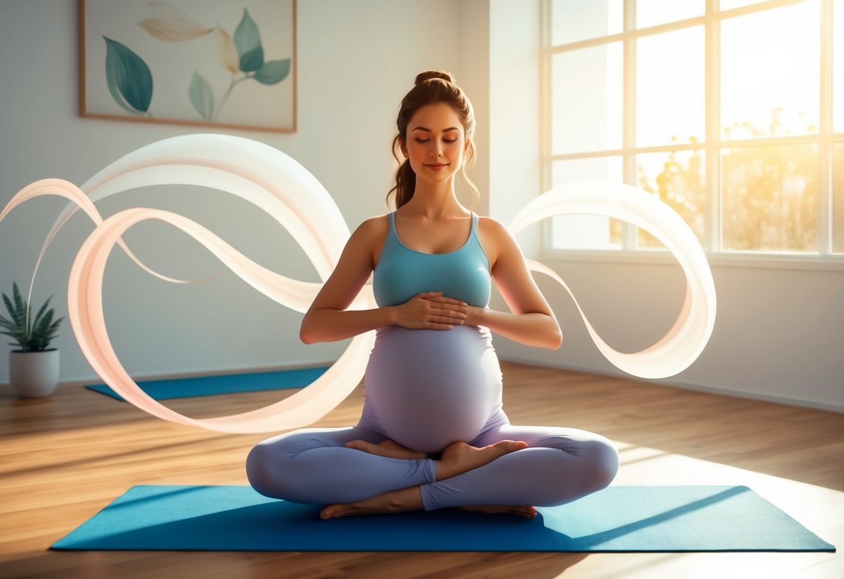 A serene pregnant woman practices yoga in a sunlit studio surrounded by gentle, flowing movements