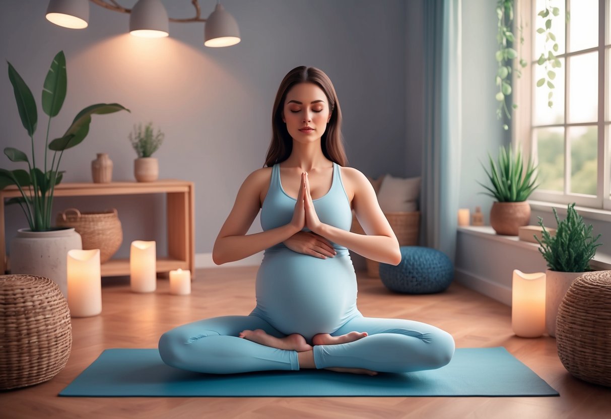 A serene pregnant woman practices prenatal yoga in a peaceful studio surrounded by soft lighting and calming nature elements