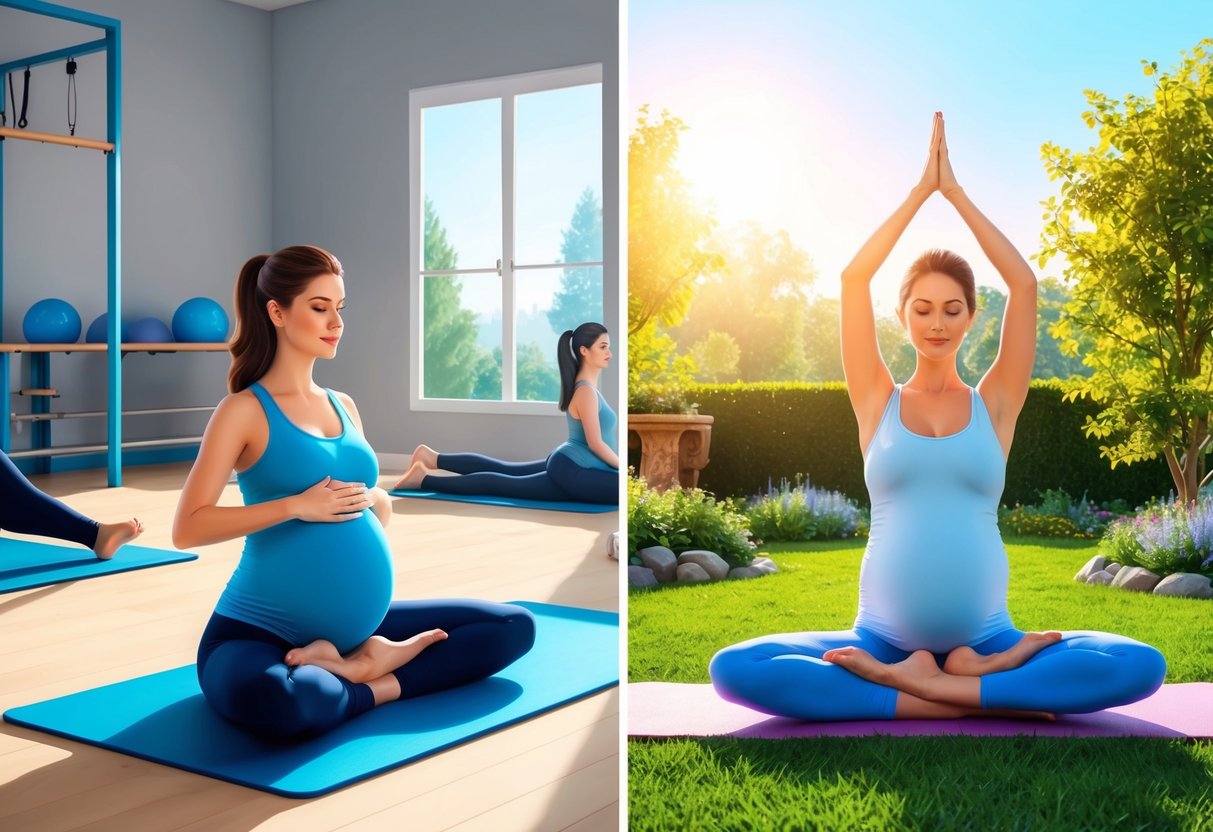 A serene pregnant woman practices pilates in a peaceful studio, while another expectant mother gracefully performs yoga in a sunlit garden