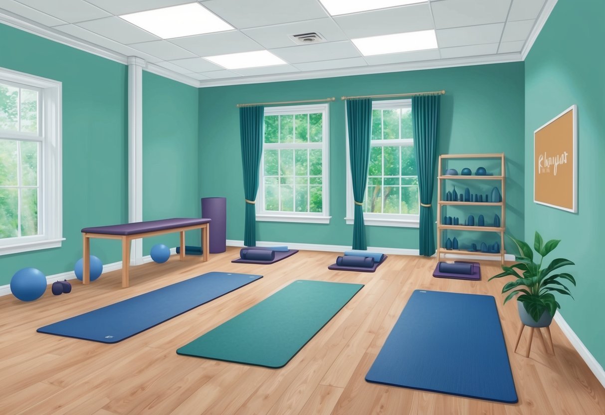 A serene studio with yoga mats and pilates equipment, a gentle atmosphere for expectant mothers