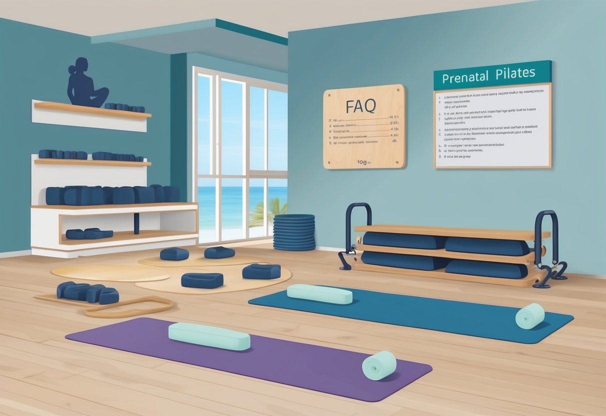 A serene yoga studio with prenatal pilates equipment and a FAQ board on the wall