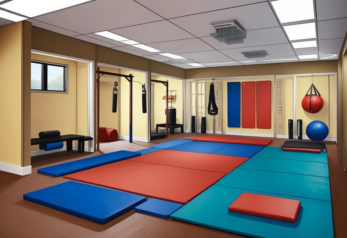 Un dojo de artes marciales con varios equipos de entrenamiento y colchonetas