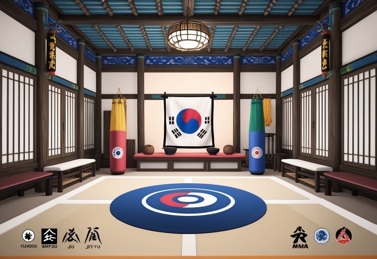 Un dojo sereno con decoración tradicional coreana, que presenta equipo de artes marciales y símbolos de Hapkido, Jiu Jitsu y MMA.