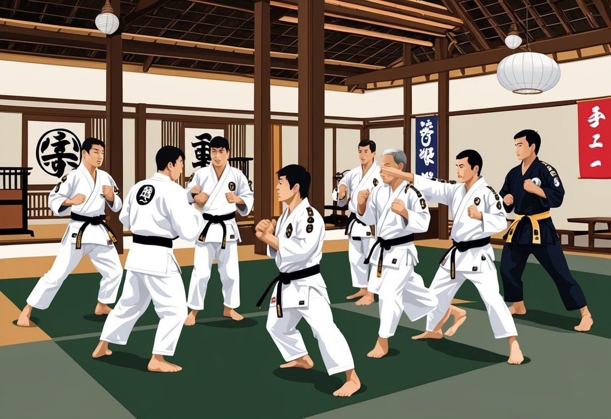 Un grupo de artistas marciales practica técnicas de Jiu Jitsu y Hapkido en un dojo tradicional, rodeado de símbolos culturales y equipo de entrenamiento.