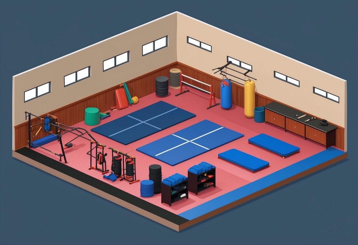 Un dojo de artes marciales con varios equipos y tatamis de entrenamiento