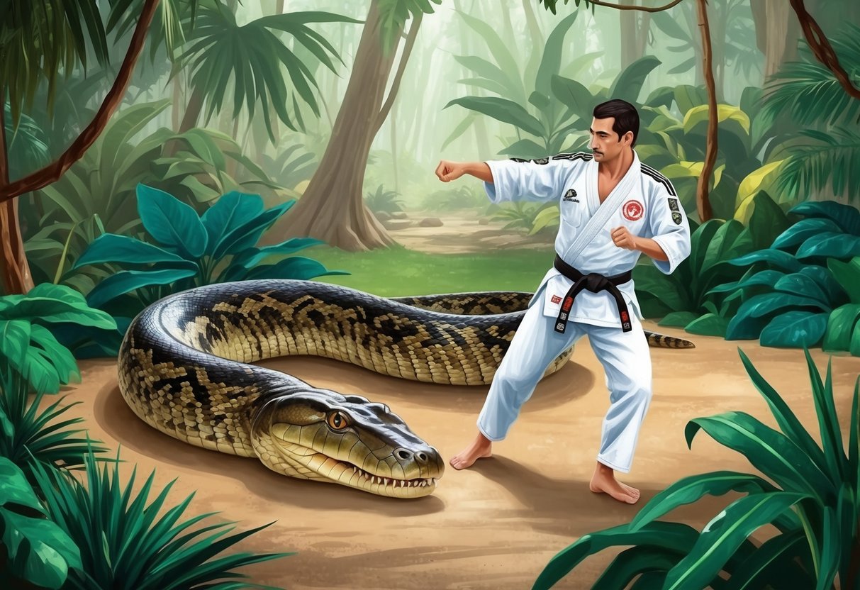 Una clara selva serena con una anaconda enrollada y un practicante demostrando técnicas de Jiu Jitsu