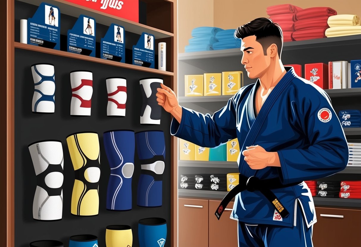 Un artista marcial examina varias rodilleras en una tienda de suministros de jiu jitsu, comparando tamaños y materiales.