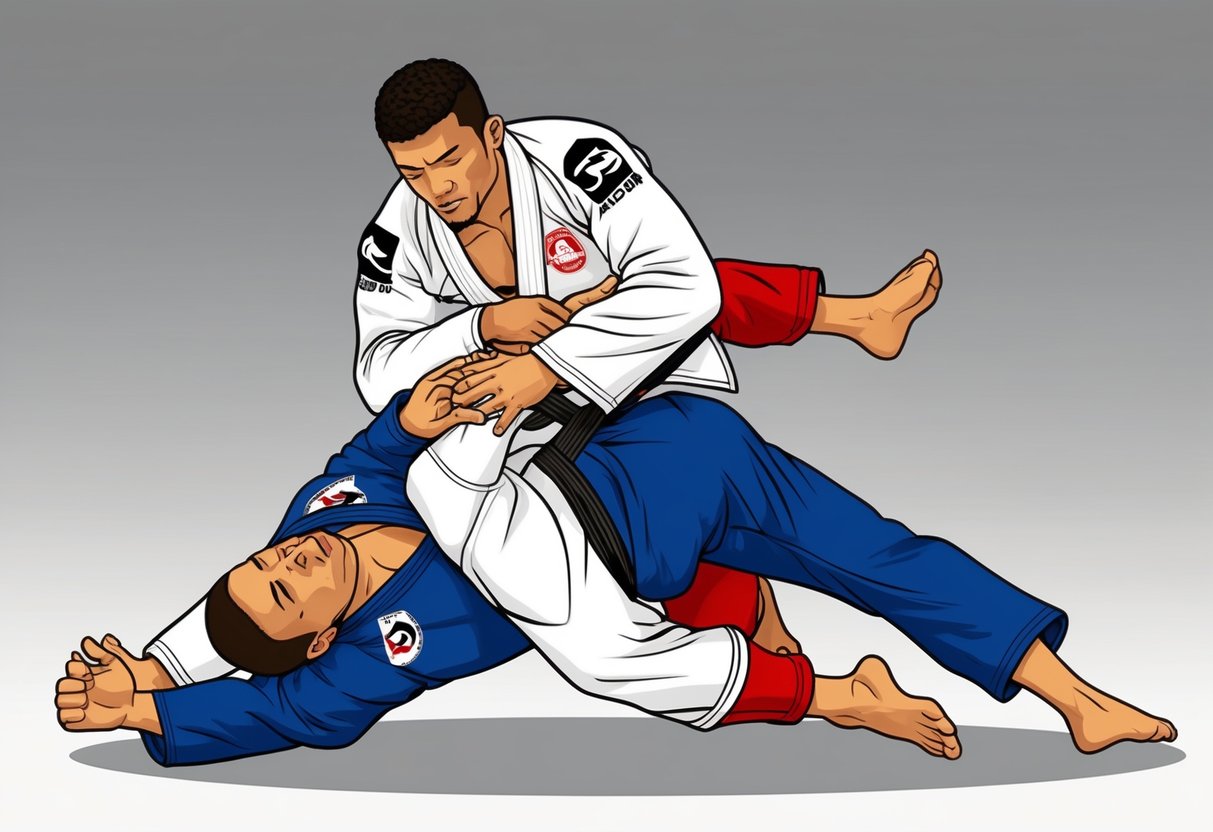 Un practicante de jiu jitsu ejecutando un derribo controlado sobre su oponente, demostrando la técnica adecuada para prevenir lesiones comunes.