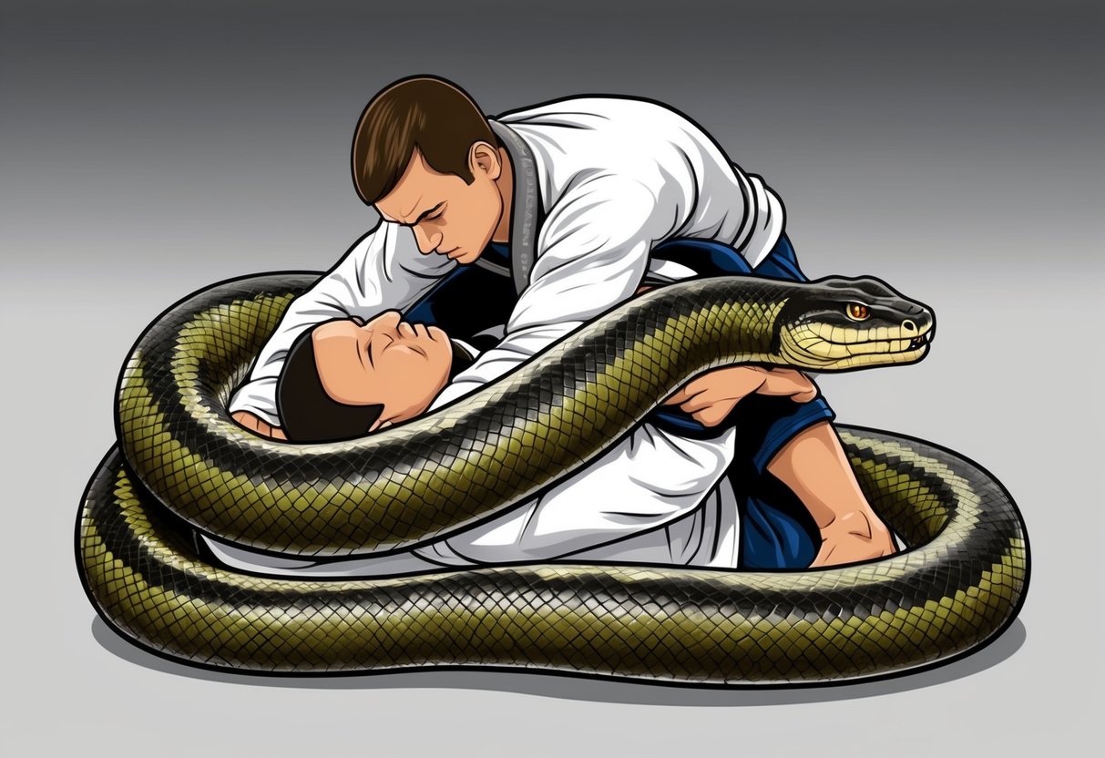 Una anaconda de jiu jitsu envolviendo a un compañero de entrenamiento, demostrando la técnica adecuada para el entrenamiento y la recuperación.