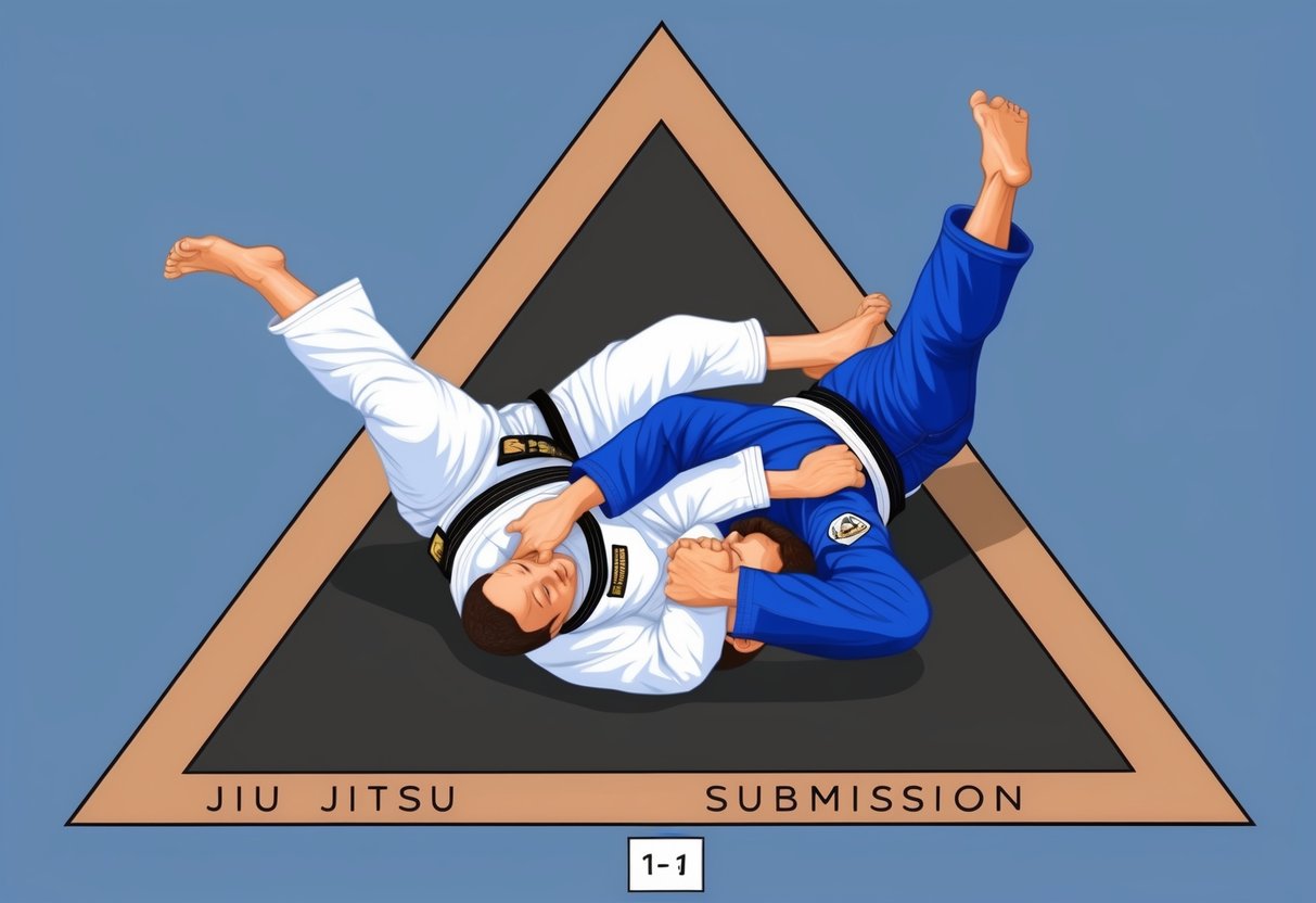 Dos luchadores de jiu jitsu en un combate de grappling dentro de un tapete triangular, con uno intentando ejecutar una llave de sumisión sobre el otro.