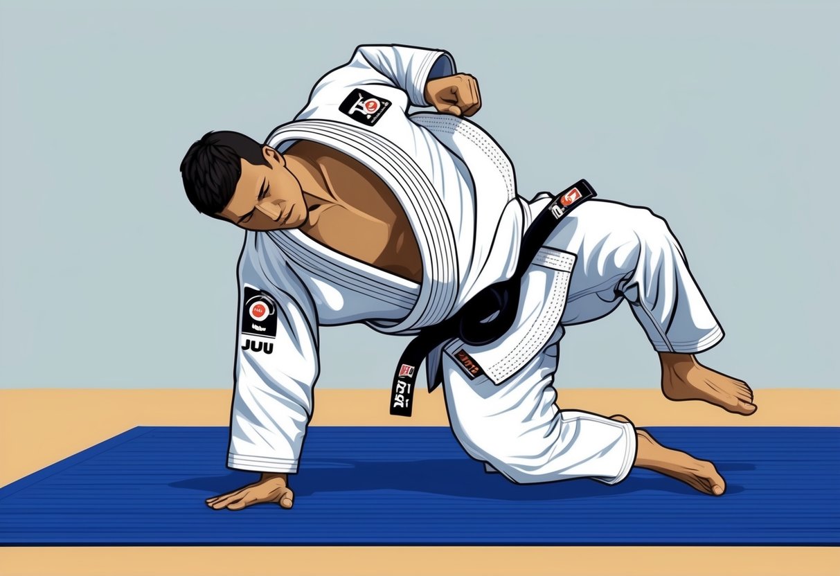 Un practicante de jiu jitsu en un gi tradicional realiza una técnica en una colchoneta, demostrando la importancia del gi en la práctica de BJJ.