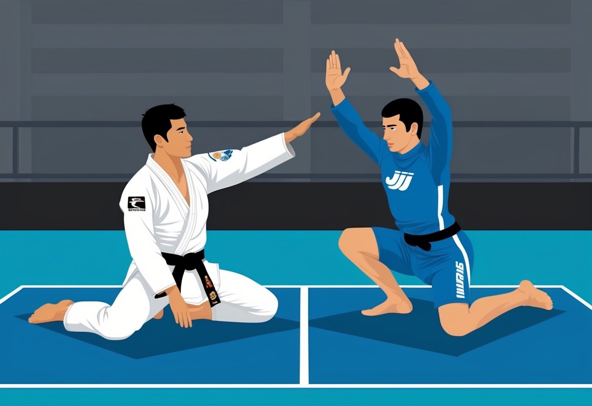 Un practicante de jiu jitsu vestido con un gi tradicional y otro con una camiseta de compresión y pantalones cortos, demostrando diferentes técnicas en una estera.