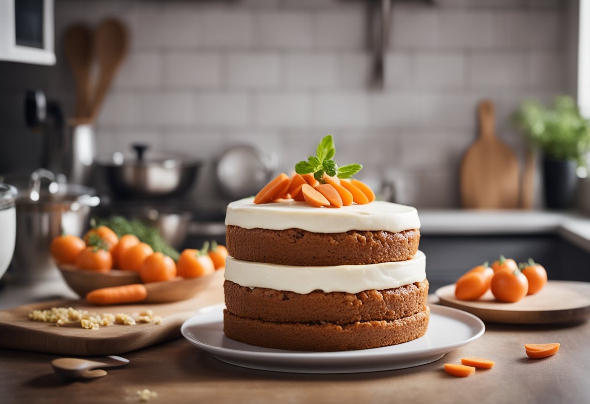 Um bolo de cenoura vegano sendo preparado com ingredientes à base de plantas em uma cozinha moderna e iluminada. Ingredientes e utensílios estão organizados de forma ordenada na bancada.