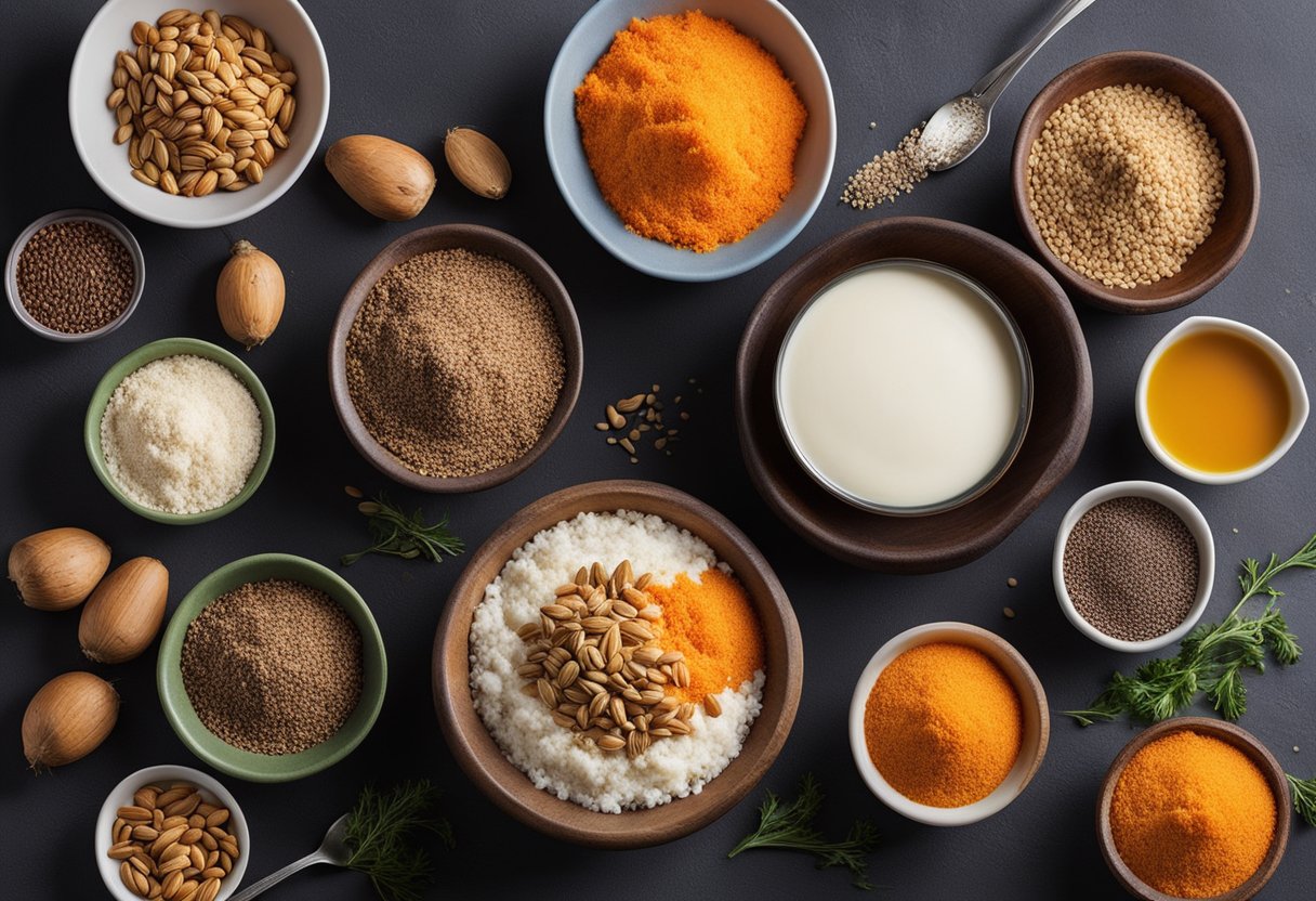 Uma mesa cheia de cenouras frescas, farinha de amêndoas, leite de coco e linhaça, cercada por tigelas coloridas de ingredientes orgânicos para um bolo de cenoura vegano.