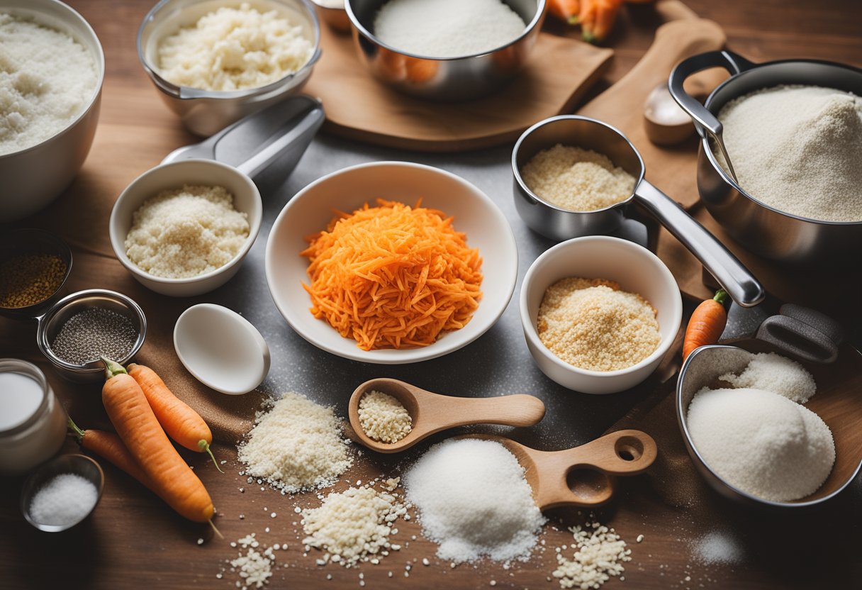 Uma tigela de mistura cheia de cenouras raladas, farinha e ingredientes veganos, cercada por copos e colheres medidoras em uma bancada de cozinha