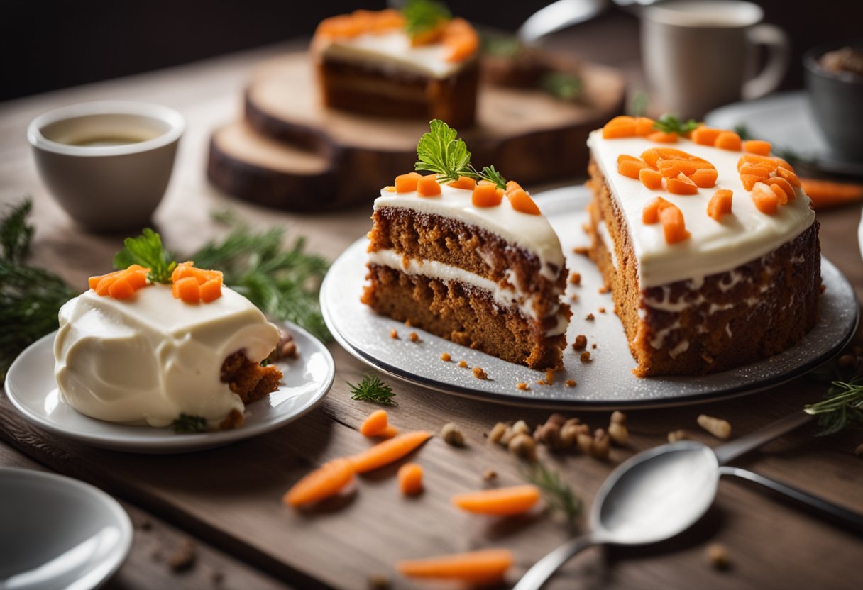 Um bolo de cenoura vegano sendo decorado com cobertura vegana e decorações de cenoura em uma mesa de madeira