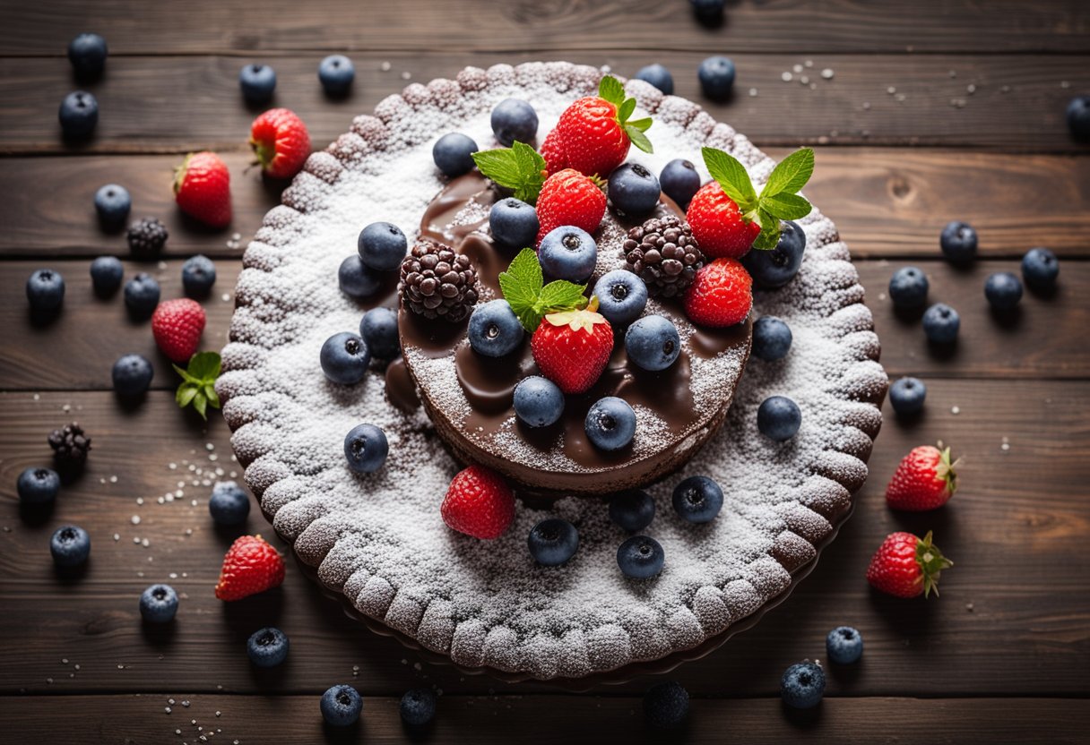 Um bolo vegano e sem glúten de chocolate cercado por frutas vermelhas frescas e polvilhado com açúcar de confeiteiro em uma mesa rústica de madeira