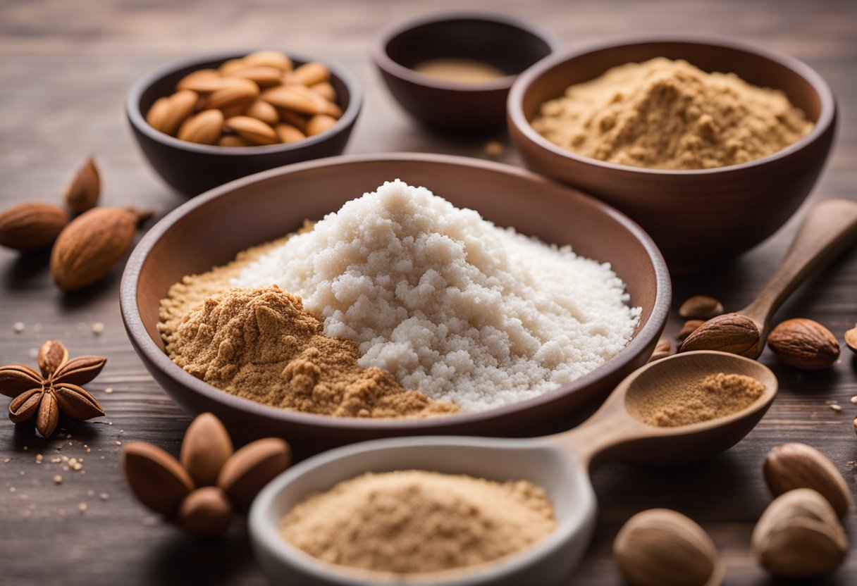 Uma mesa com uma variedade de ingredientes saudáveis, como farinha de amêndoa, cacau em pó e leite de coco, ao lado de uma tigela de mistura e um batedor.