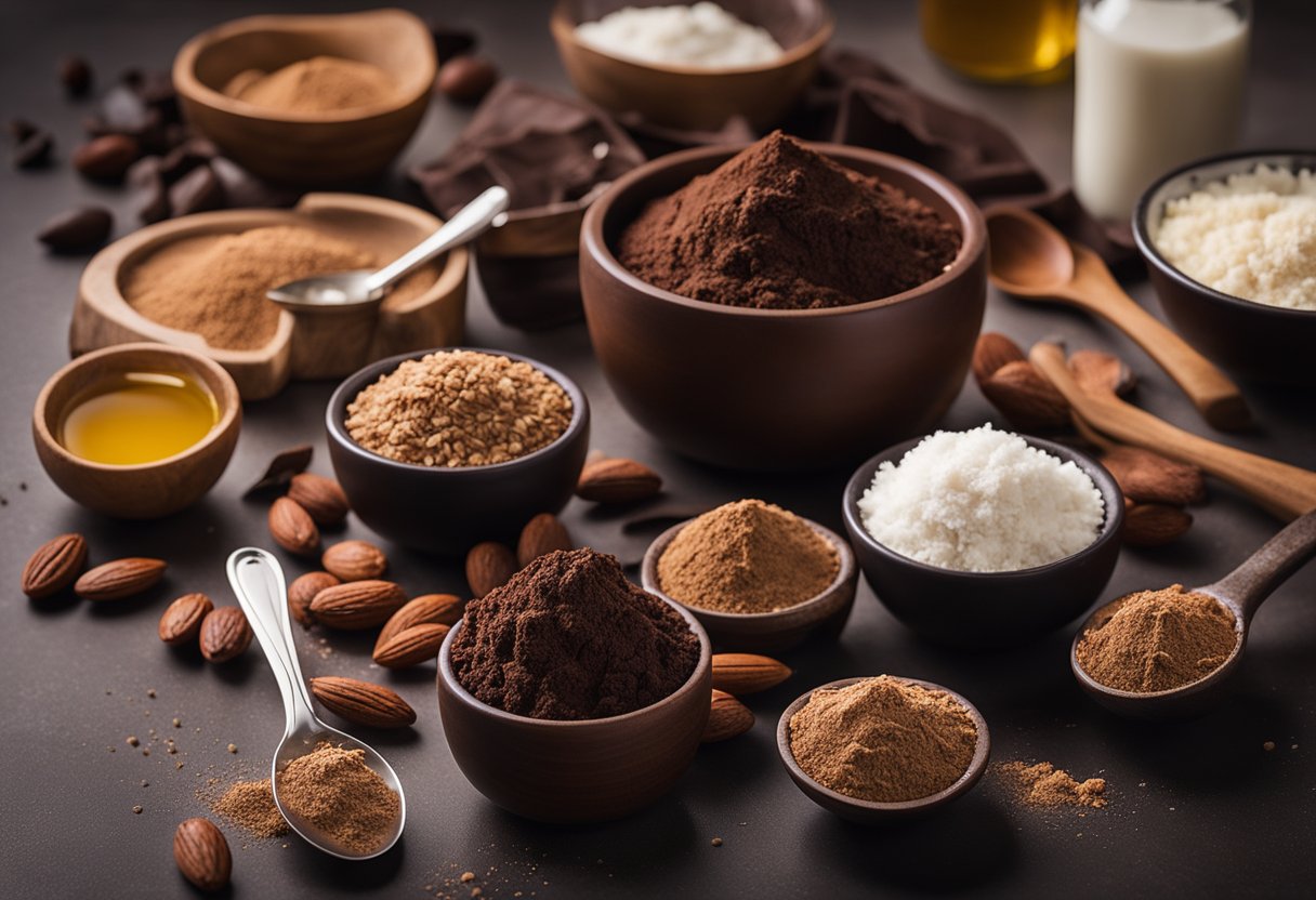 Uma bancada de cozinha com ingredientes para bolo de chocolate vegano e sem glúten, incluindo cacau em pó, farinha de amêndoa e óleo de coco. Tigelas de mistura e colheres medidoras estão organizadas de forma ordenada.