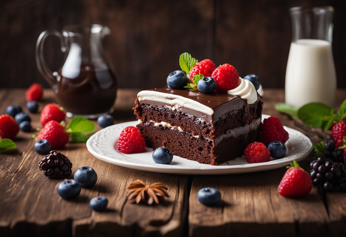 Uma fatia de bolo de chocolate vegano e sem glúten, cercada por frutas vermelhas frescas e uma colherada de chantilly sem laticínios em uma mesa de madeira rústica.