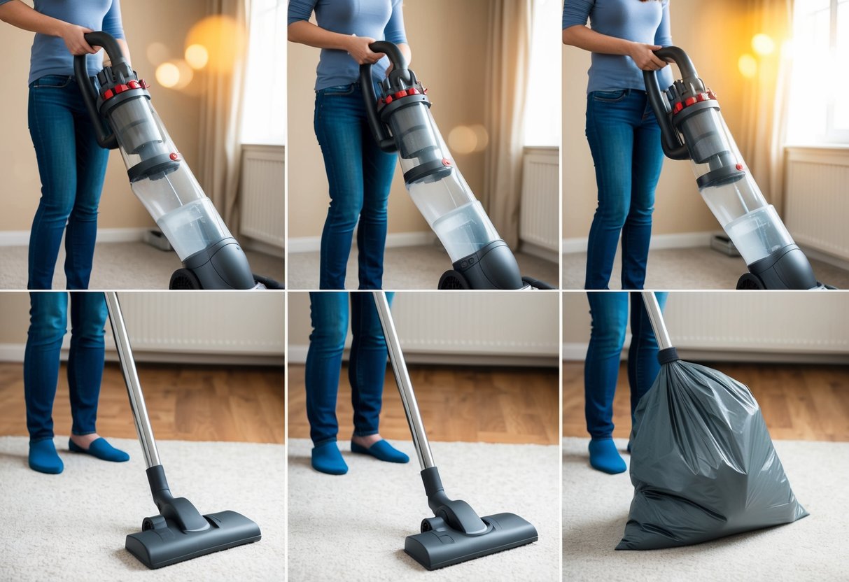 Un aspirateur vidé dans un sac poubelle, montrant le processus en six étapes