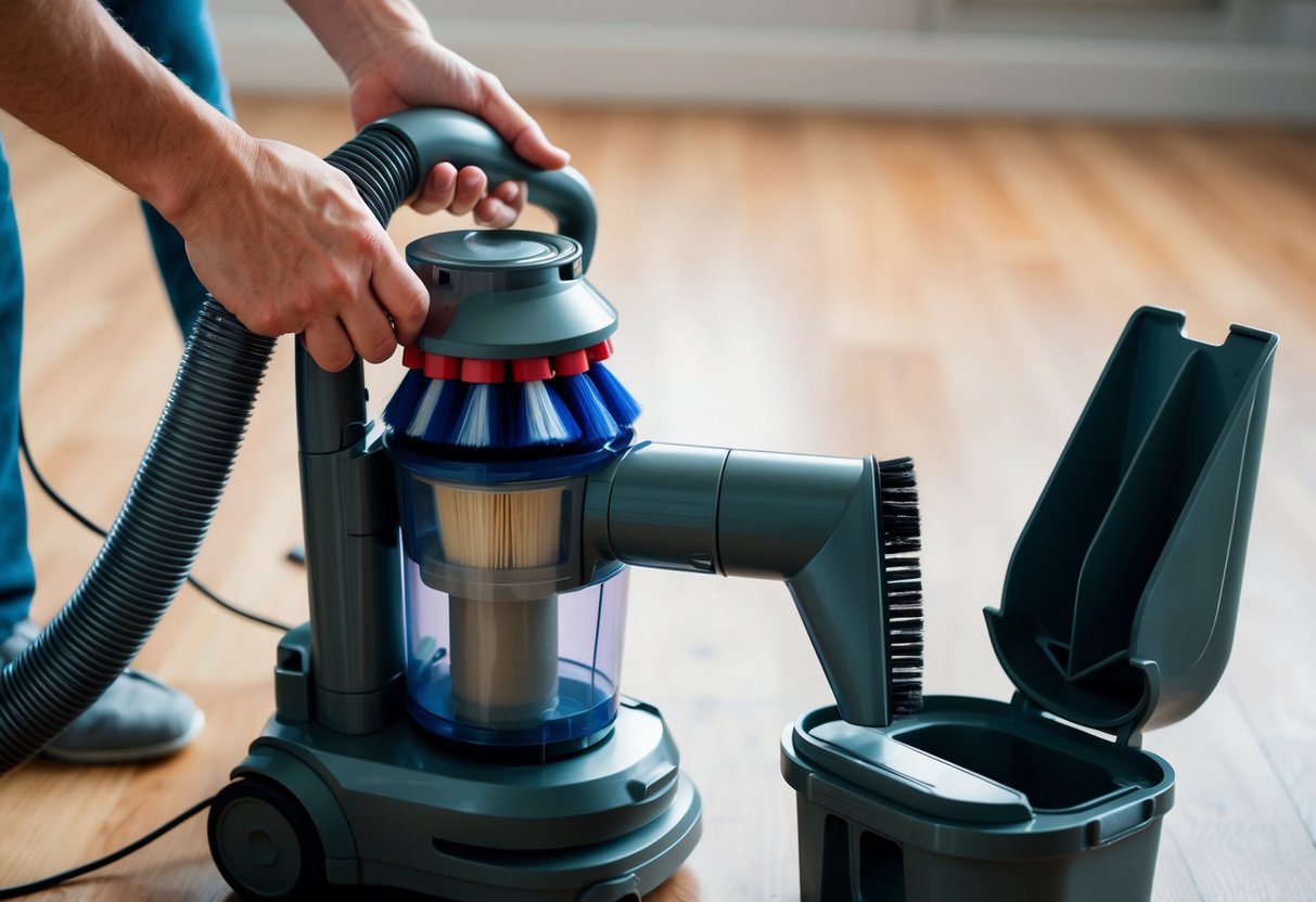 Une main retirant et nettoyant la brosse et le tube d'un aspirateur sans sac, suivie de six étapes pour vider l'aspirateur.