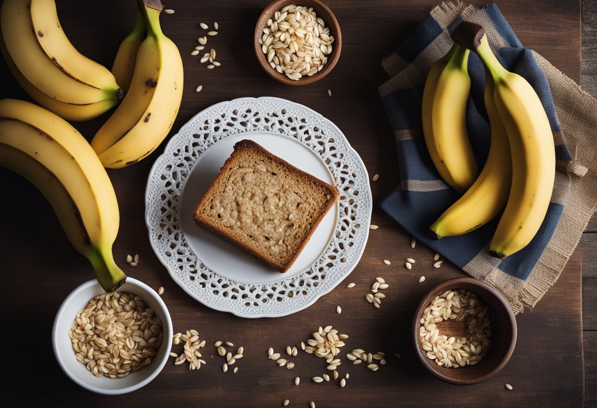 Uma mesa rústica de madeira com um bolo vegano de banana e aveia recém-assado, cercado por bananas maduras espalhadas e uma pitada de aveia.