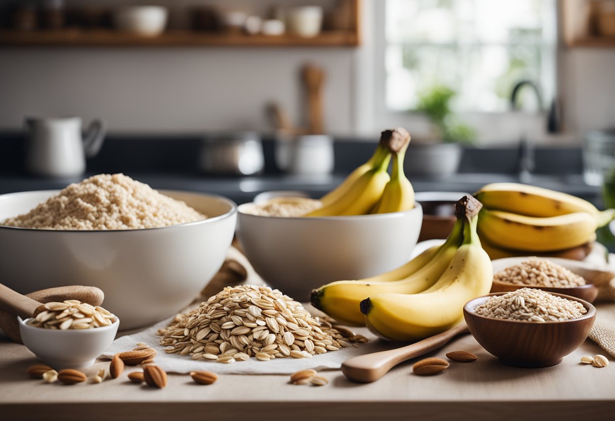 Uma mesa com bananas maduras, aveia e outros ingredientes veganos para assar. Uma tigela de mistura, copos medidores e uma colher de madeira estão por perto.