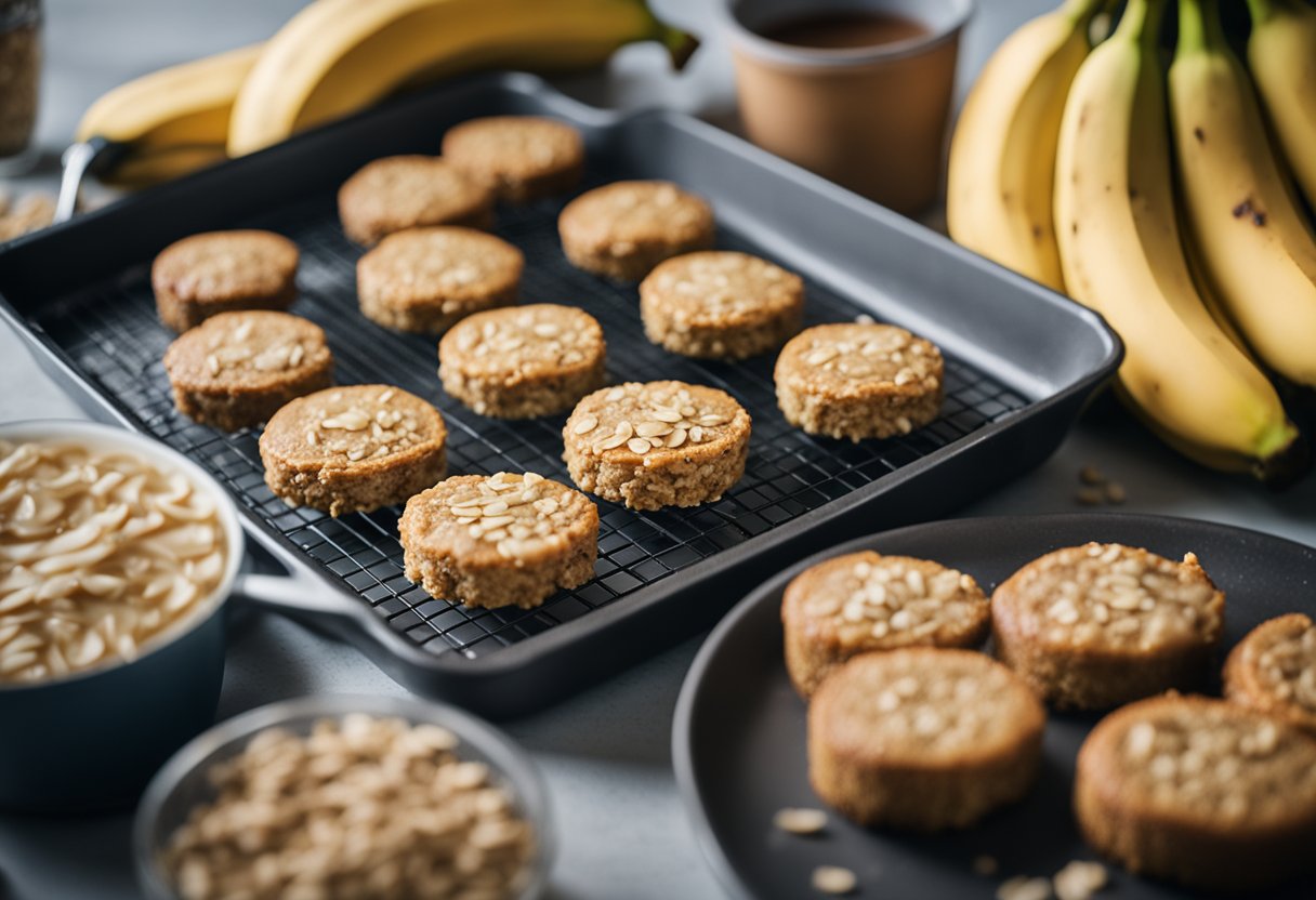 Um bolo vegano de banana e aveia sendo preparado e assado, cercado por bananas frescas e aveia