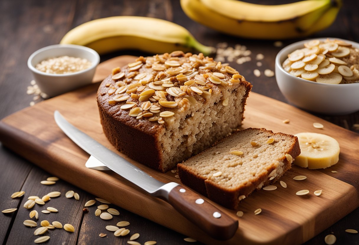 Um bolo vegano de banana e aveia sendo fatiado em uma tábua de madeira, com uma dispersão de aveia e fatias de banana próximas.