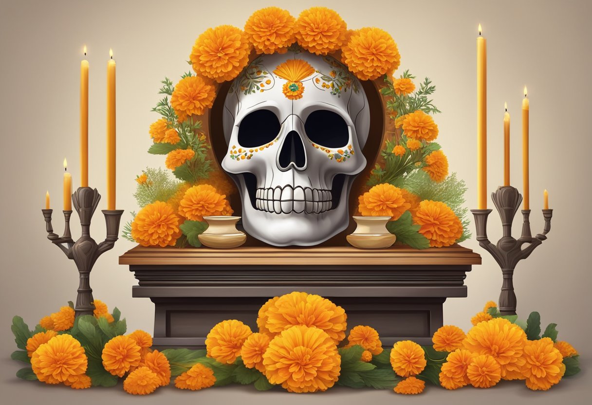 Un altar adornado con cempasúchil y quemando incienso, simbolizando una conexión espiritual y prácticas religiosas para el Día de los Muertos