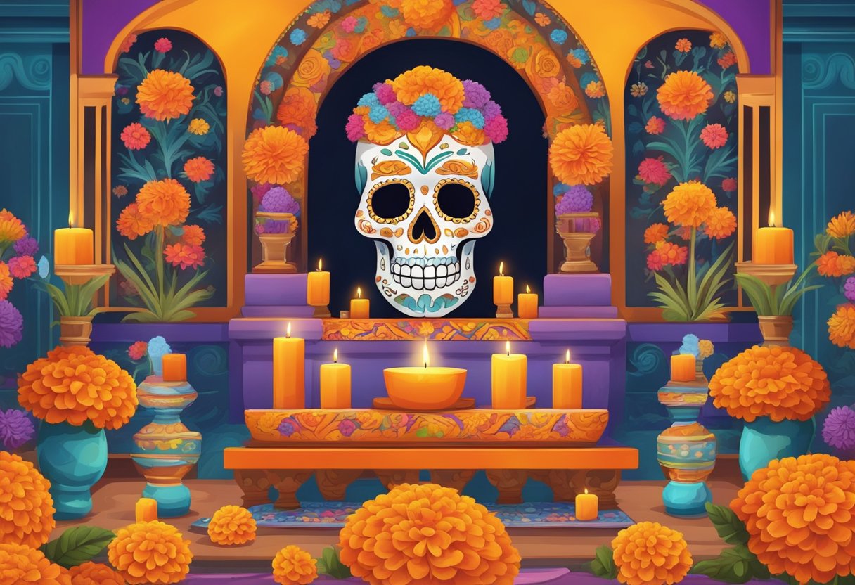 Un altar colorido adornado con cempasúchil, velas y calaveras de azúcar tradicionales, con el dulce aroma de incienso quemándose llenando el aire