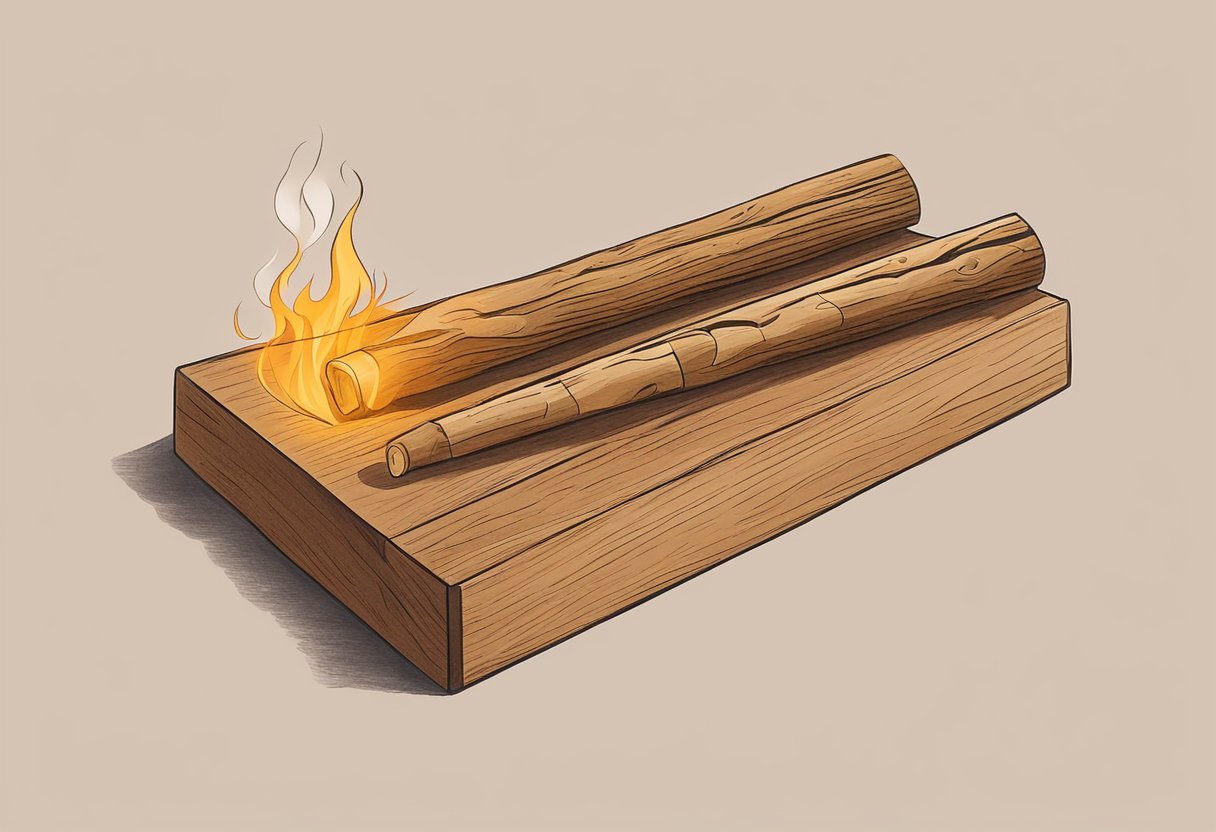 Un incienso de palo santo ahumado arde en un soporte de madera, llenando el aire con un aroma dulce y terroso.